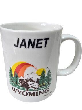 Janet Personalized Wyoming Souvenir Mug Bison Mountain White Ceramic Coffee Cup